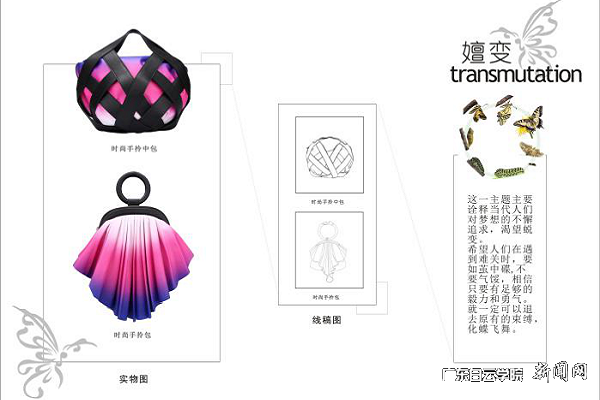 服装设计与工程专业学子邓南君在中国国际箱包皮具设计大赛中获得金奖的作品《嬗变》.png